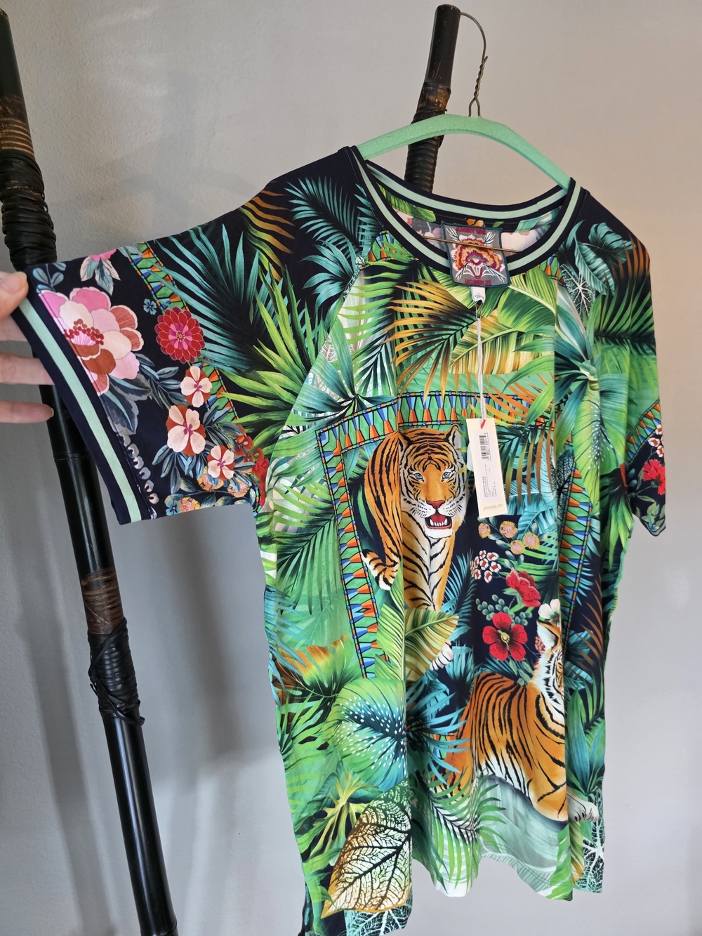 NWT Johnny Was Floral Tiger Patch V-Neck Blouse - Green, Pink & Black, Small - Picture 3 of 5